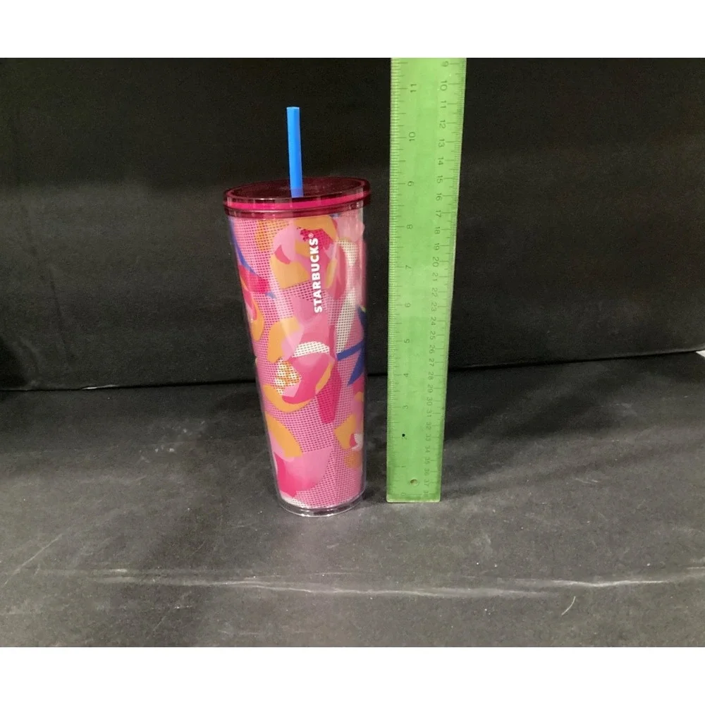 STARBUCKS Spring 2023 Pink Floral Cold Cup Tumbler Venti‎ 24 oz Blue Straw